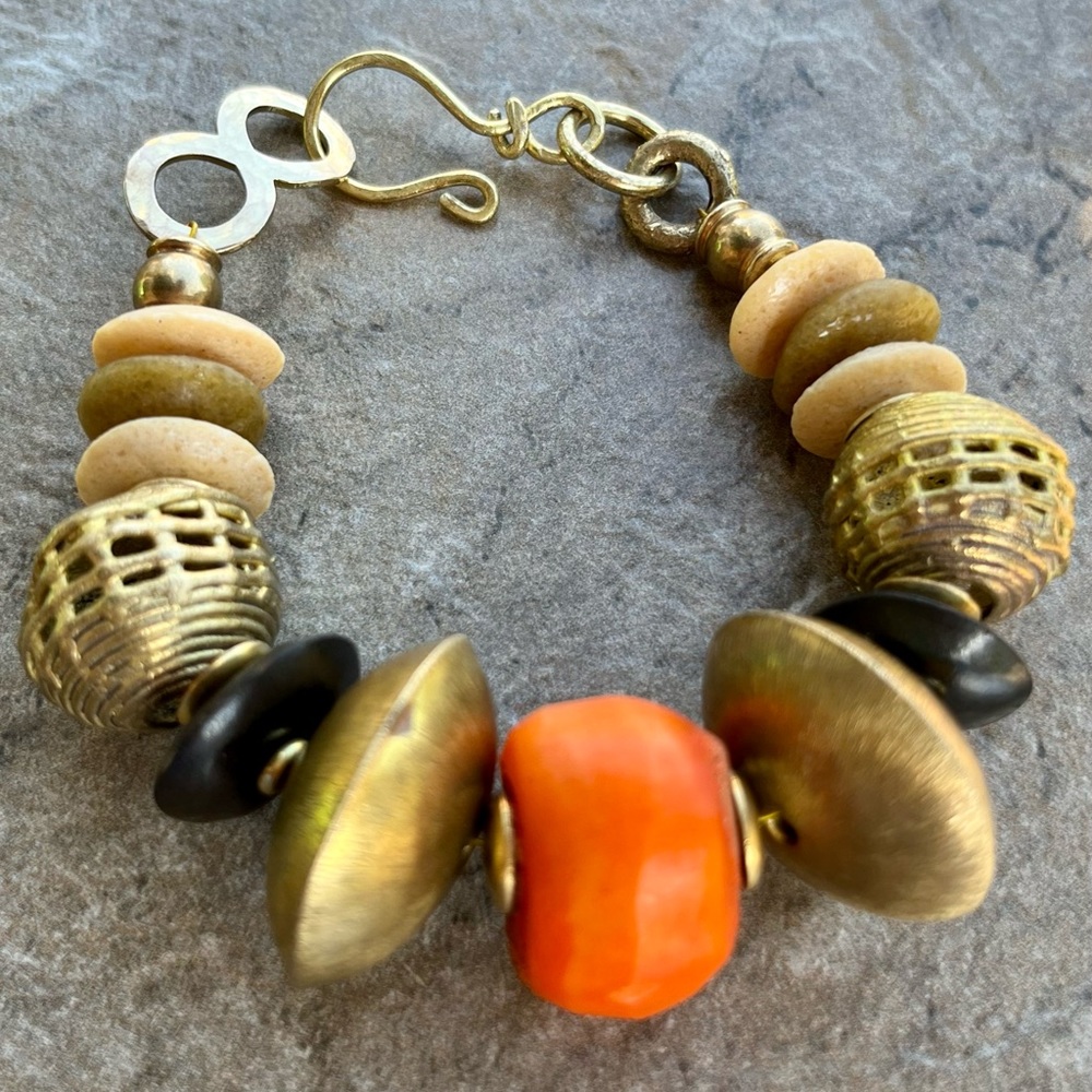 Boho Tribal Bracelet Kenya Coral Bone Ashanti Glass Trade Brass Africa